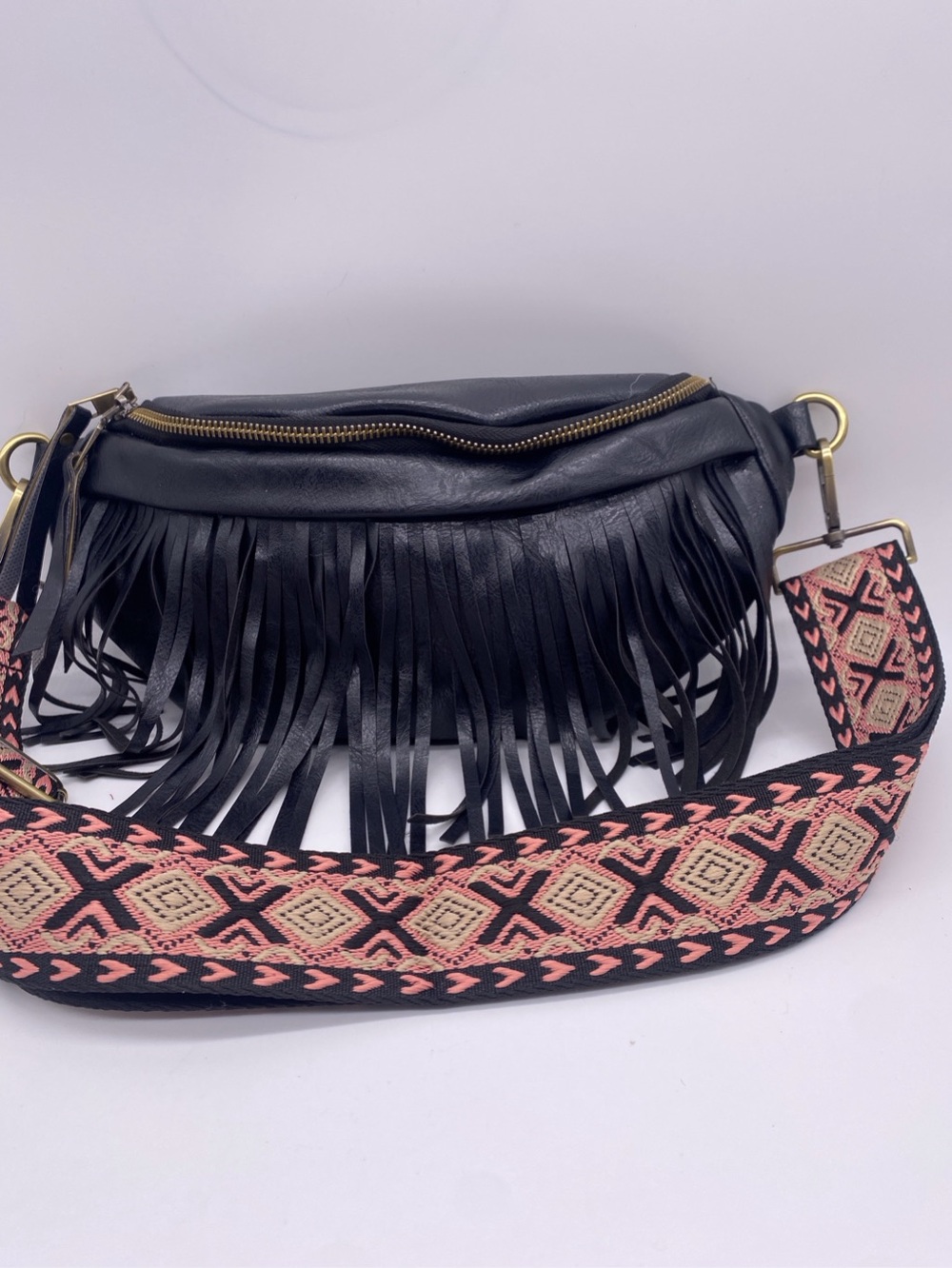Black Fringe Crossbody with Embroidered Pink Strap